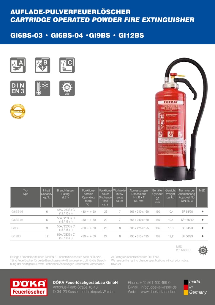 FEUERLOESCHER 9 KG PULVER Gi9BS / EXTINCTEUR CLASS ABC 55A/233B/C, LE15 DOEKA VAL 20 ANS