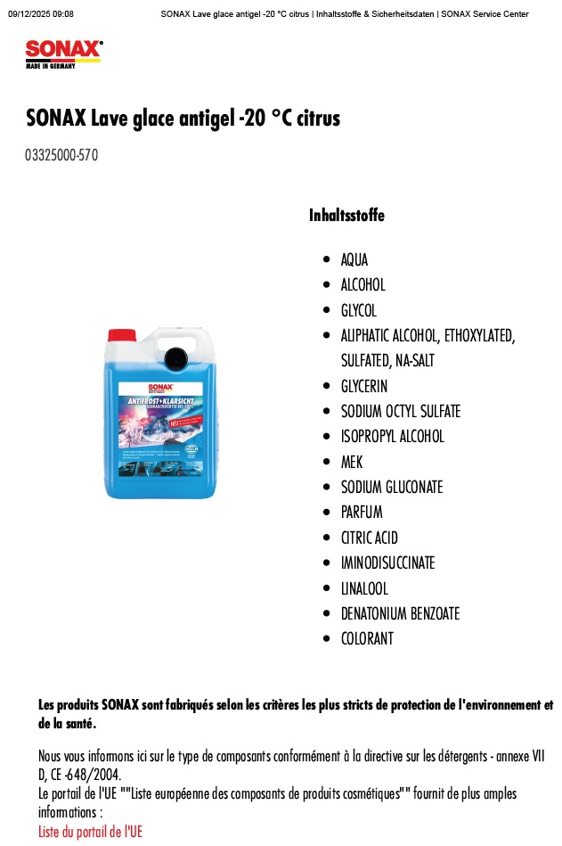 SONAX 03325000 Lave-glace AntiFreeze+ClearView pret a l'emploi -20°C 5L