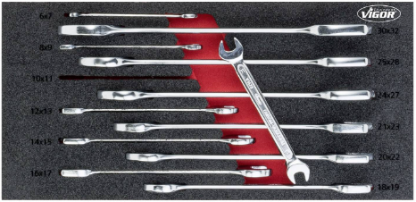 VIGOR Jeu de clés à fourche doubles ∙ V6721 ∙ Profil à 6 pans extérieurs ∙ 12 pièces ∙ 6 x 7 – 30 x 32 ∙ Nombre d'outils : 12