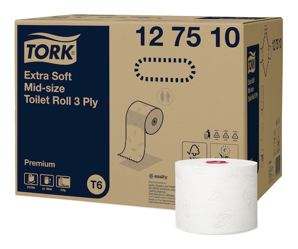 [127510] [⚠Déstockage] 127510 Tork Papier Toilette Rouleau Mid-size Extra Doux 3 plis Blanc T6 Premium (27 Unités / Colis) (36 Colis / Palette)