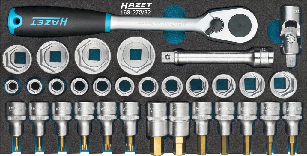 [163-272/32] HAZET Jeu de clés à douilles 163-272/32 ∙ Carré creux 1/2 pouce (12,5 mm) ∙ Profil Traction à 12 pans extérieurs, Profil TORX® intérieur, Profil à 6 pans intérieurs ∙ 32 pièces ∙ 5 – 32 ∙ T20 – T50