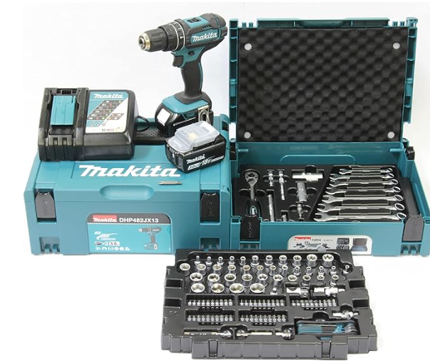 [DHP482JX13] MAKITA DHP482JX13 - Perceuse-visseuse à percussion sans fil - inclus 2 x batteries 18V 3.0AH + chargeur + set d'outils complet (PIECE)