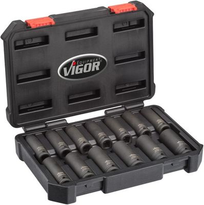 [V5550L] VIGOR Jeu de douilles à chocs ∙ longues ∙ V5550L ∙ Carré creux 1/2 pouce (12,5 mm) ∙ Profil à 6 pans extérieurs ∙ 13 pièces ∙ 10 – 24 ∙ Nombre d'outils : 13