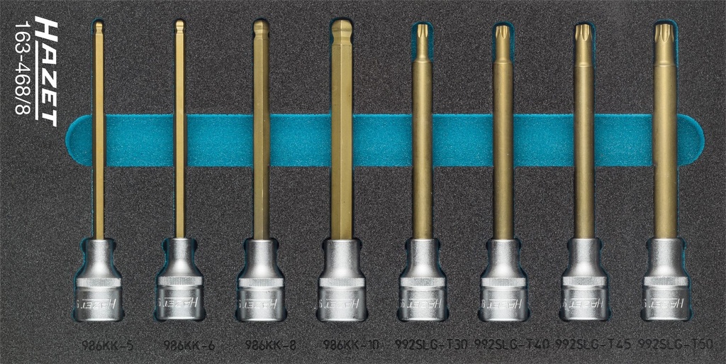 [163-468/8] HAZET Jeu de douilles mâles 163-468/8 ∙ Carré creux 1/2 pouce (12,5 mm) ∙ Profil à 6 pans intérieurs, Profil TORX® intérieur ∙ 8 pièces ∙ 5 ∙ 6 ∙ 8 ∙ 10 ∙ T30 ∙ T40 ∙ T45 ∙ T50