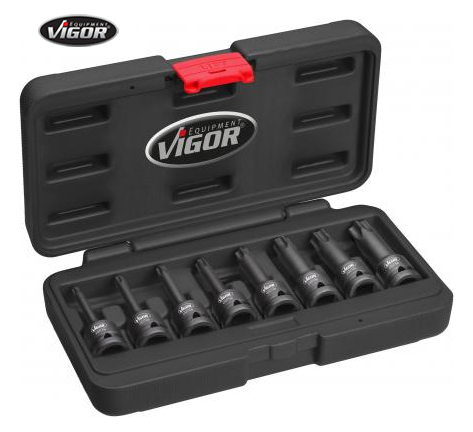 [v7017] VIGOR Jeu de douilles mâles à chocs T ∙ V7017 ∙ Carré creux 1/2 pouce (12,5 mm) ∙ Profil en T ∙ 8 pièces ∙ T30 – T80 ∙ Nombre d'outils : 8