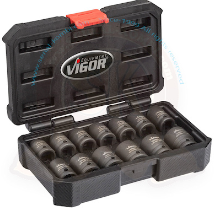 [V5550S] VIGOR Jeu de douilles à chocs ∙ courtes ∙ V5550S ∙ Carré creux 1/2 pouce (12,5 mm) ∙ Profil à 6 pans extérieurs ∙ 13 pièces ∙ 10 – 24 ∙ Nombre d'outils : 13