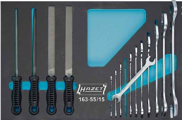 [163-55/15] HAZET Jeu d'outils · clés à fourche doubles · limes 163-55/15 ∙ Profil à 6 pans extérieurs ∙ 15 pièces ∙ 6 x 7 – 34 x 36