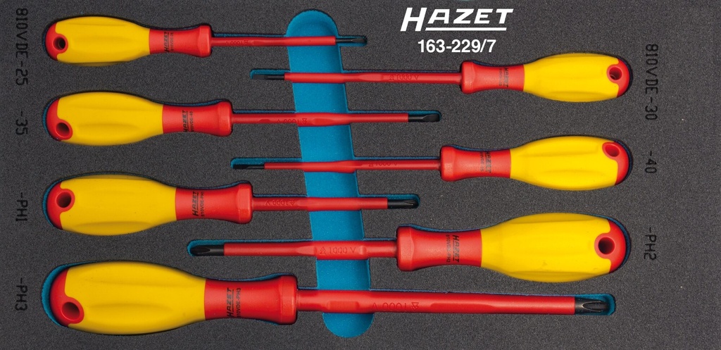 [163-229/7] HAZET Jeu de tournevis ∙ avec isolation de protection 163-229/7 ∙ Profil Phillips PH, Profil à fente ∙ 7 pièces ∙ 0,4 x 2,5 – 0,8 x 4 ∙ PH1 – PH3