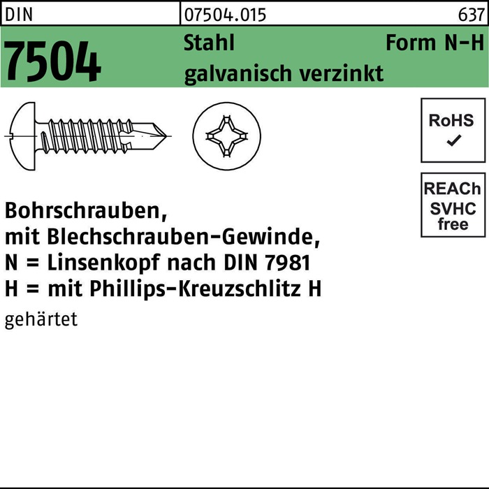 [075040150048016] [⚠Déstockage] 8000213706 Bohrschraube DIN 7504 m.Linsenkopf N 4,8 x 16 -H Stahl galvanisch verzinkt galvanisch verzinkt / Stahl 1000 Stück
