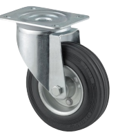 [3470DVR100P62] TENTE 3470DVR100P62 Roulette pivotante, Chape en acier embouti, Finition zinguée, Pivot sur double chemin de billes, Axe de roue boulonné, Joint de protection du pivot, Fixation à platine. Corps de roue acier embouti, Bandage: caoutchouc semi-élastique noir, roulements rouleaux