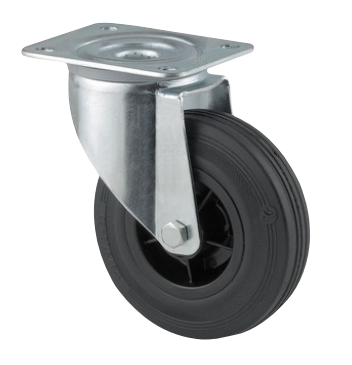 [3470PVR080P62] TENTE 3470PVR080P62 Roulette pivotante, Chape en acier embouti, Finition zinguée, Pivot sur double chemin de billes, Axe de roue boulonné, Joint de protection du pivot, Fixation à platine. Corps de roue polypropylène, Bandage: caoutchouc semi-élastique noir, roulements rouleaux