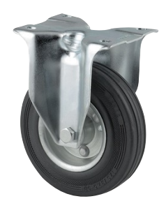 [3478DVR100P62] TENTE 3478DVR100P62 Roulette fixe, Chape en acier embouti zingué bleu, axe de roue boulonné., Fixation à platine. Corps de roue acier embouti, Bandage: caoutchouc semi-élastique noir, roulements rouleaux