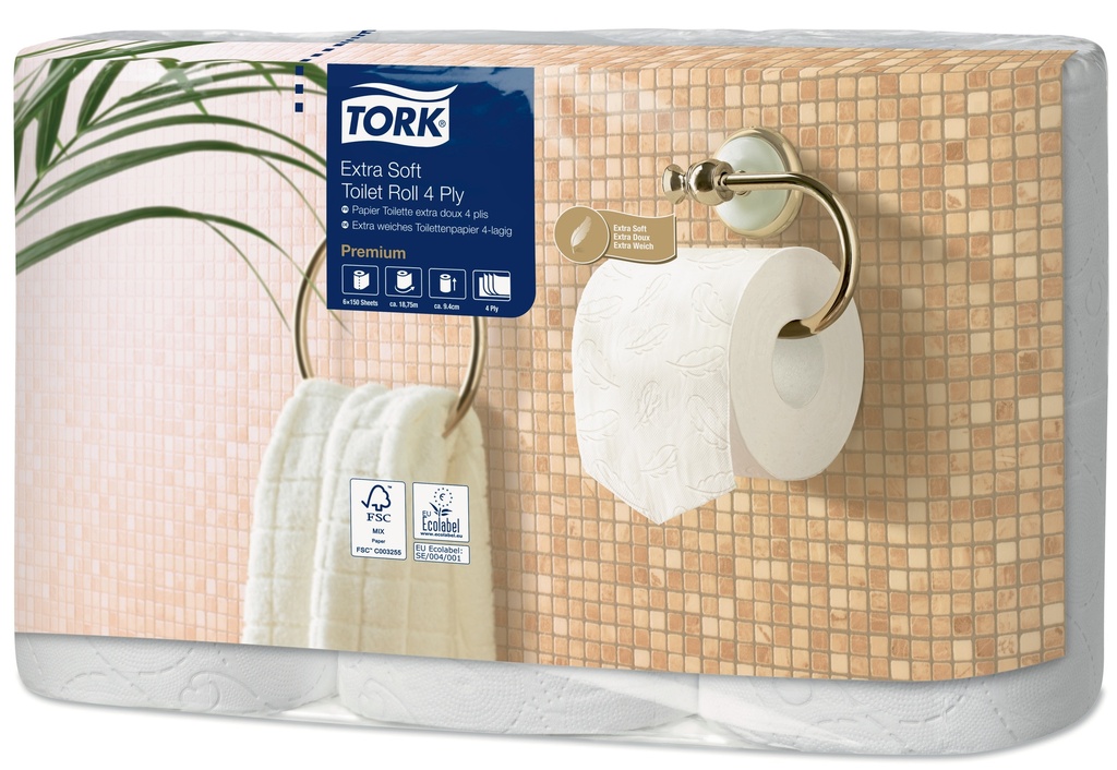 [110406] Tork Papier Toilette Rouleau Traditionnel Extra Doux 4 plis Blanc 150 Coupons T4 Premium