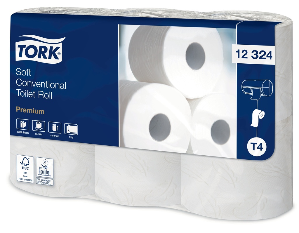[12324] 12324 Tork Papier Toilette Rouleau Traditionnel Doux 2 plis Blanc 400 Coupons T4 Premium (7 Unités / Colis) (36 Colis / Palette)
