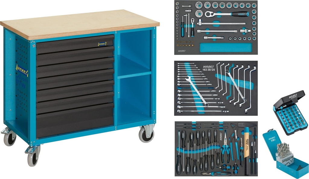 [177W-7/169] HAZET Établi ∙ déplaçable ∙ servante d'atelier Assistent 177W ∙ assortiment 177W-7/169 ∙ 169 pièces ∙ Tiroir, plat: 6 x 79 x 527 x 348 mm ∙ Tiroir, haut: 1 x 164 x 527 x 348 mm