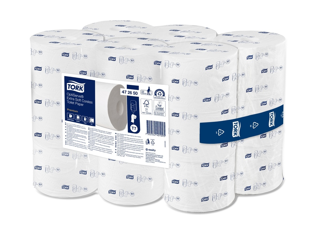 [472650] 472650 Tork OptiServe® Papier toilette sans mandrin Extra Doux - 3 plis - Blanc -Premium T7 (18 Unités / Colis) (63 Colis / Palette)