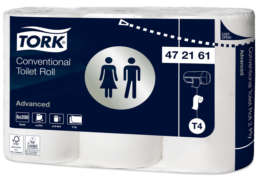 [472161] 472161 Tork Papier Toilette 48 Rouleaux Traditionnel 2 plis Blanc 200 Coupons T4 Advanced (8 Unités / Colis) (40 Colis / Palette)