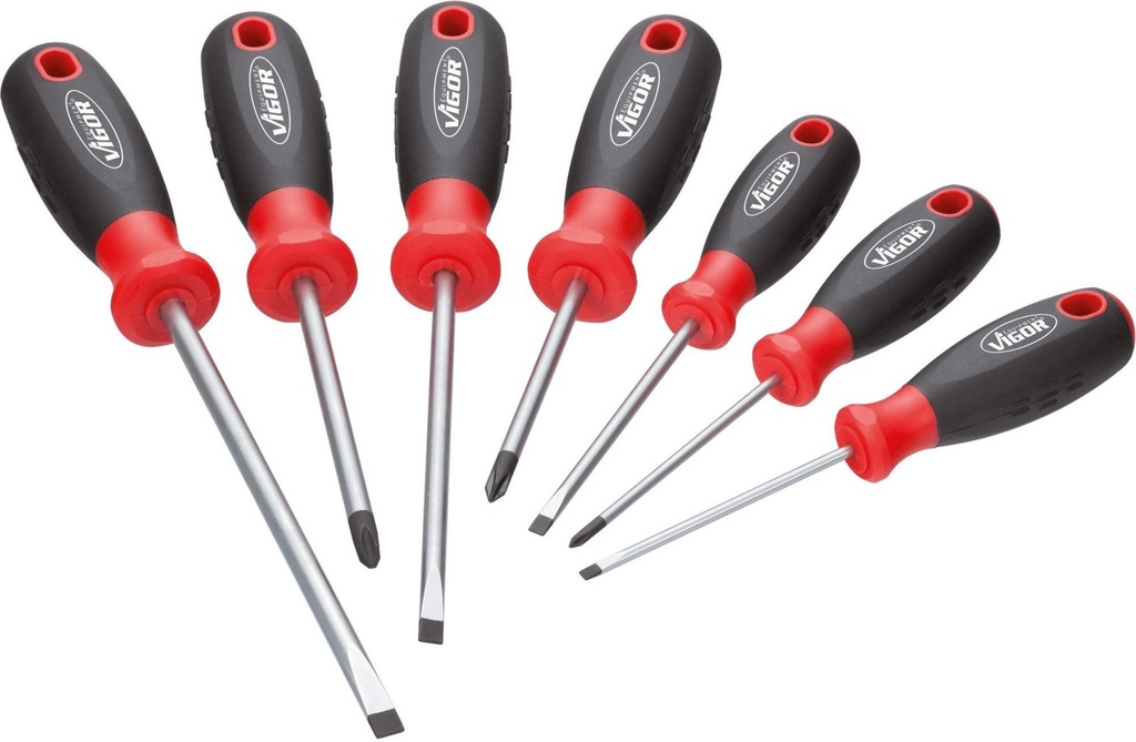 [V1637] VIGOR Jeu de tournevis ∙ V1637 ∙ Profil à fente, Profil Phillips PH ∙ 7 pièces ∙ 0,6 x 3 – 1,2 x 6,5 · PH0 – PH2 ∙ Nombre d'outils : 7