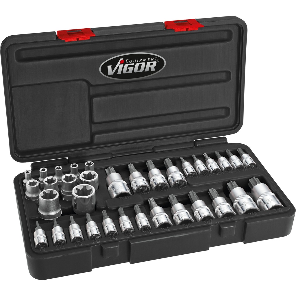 [V1781] VIGOR Jeu de douilles T ∙ V1781N ∙ Carré creux 1/4 pouce (6,3 mm), Carré creux 3/8 pouce (10 mm), Carré creux 1/2 pouce (12,5 mm) ∙ 34 pièces ∙ E4 – E20 ∙ T8 – T60 ∙ T9H – T55H ∙ Nombre d'outils : 34