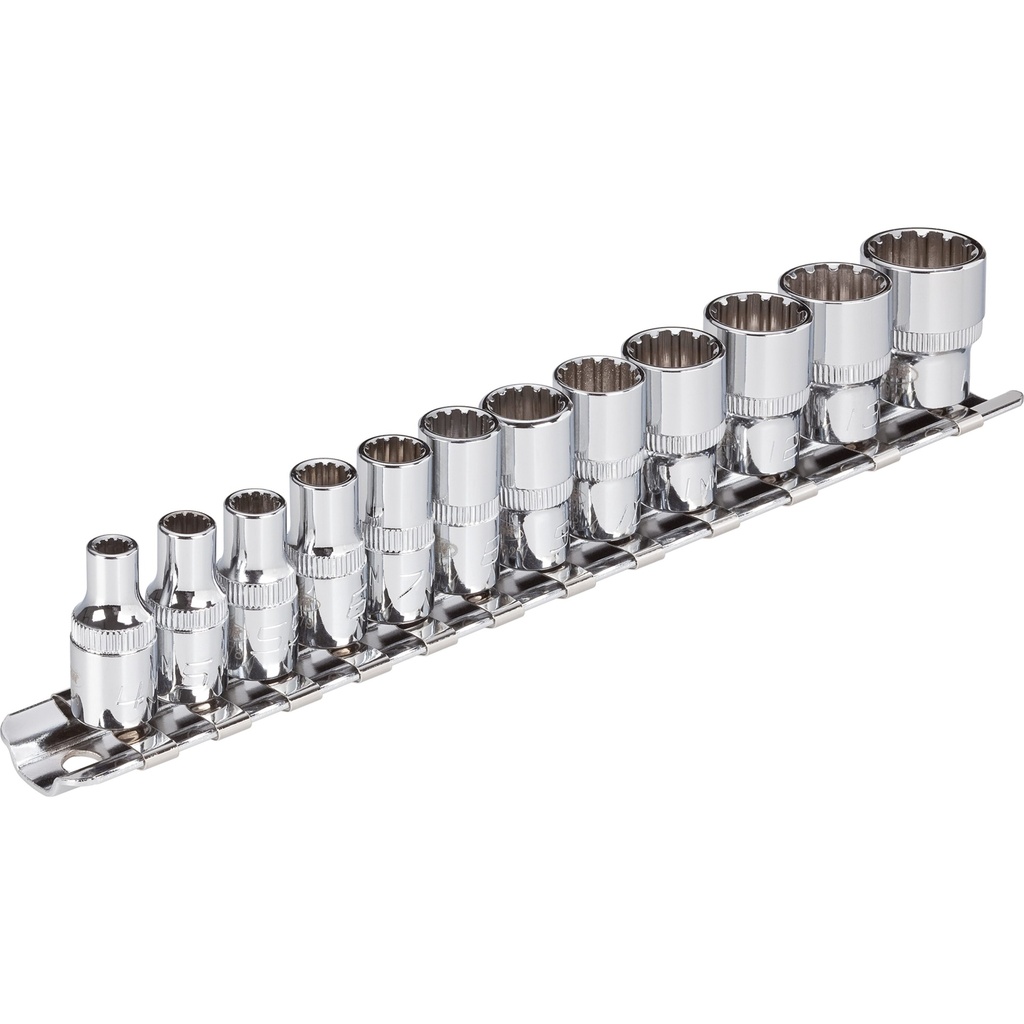 [V1897] VIGOR Jeu de douilles à profil multiple ∙ V1897 ∙ Carré creux 1/4 pouce (6,3 mm) ∙ Profil de multifonction ∙ 12 pièces ∙ 4 – 14 ∙ Nombre d'outils : 12