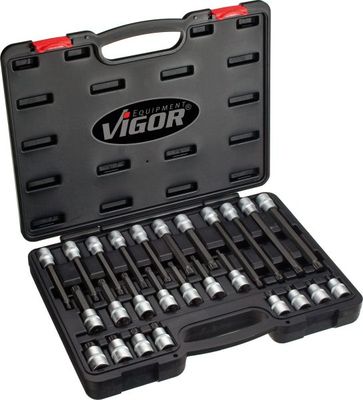 [V1918] VIGOR Jeu de douilles mâles à denture multiple ∙ XZN ∙ V1918 ∙ Carré creux 1/2 pouce (12,5 mm) ∙ Profil denture multiple intérieur XZN ∙ 26 pièces ∙ M5 – M16 ∙ Nombre d'outils : 26