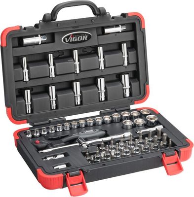 [V2305] VIGOR Jeu de clés à douille ∙ V2305N ∙ Carré creux 3/8 pouce (10 mm) ∙ Profil à 6 pans extérieurs, Profil en T, Profil à 6 pans intérieurs, Profil Phillips PH, Profil Pozidriv PZ, Profil à fente ∙ 61 pièces ∙ 0,8 x 5,5 – 1,2 x 8 · 3 – 24 · PH1 – PH3 · PZ1 – PZ3 · T15 – T55 ∙ Nombre d'outils : 61