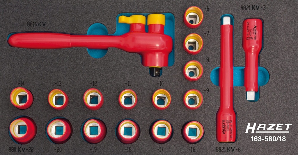 HAZET Jeu de clés à douilles ∙ avec isolation de protection 163-580/18 ∙ Carré creux 3/8 pouce (10 mm) ∙ Profil Traction à 12 pans extérieurs ∙ 18 pièces ∙ 8 – 22