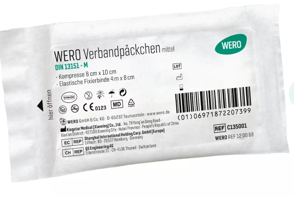 [120068WE] WERO Verbandpäckchen DIN 13151 M, Kompresse mit Spezialbeschichtung statt Aluminium -  einzeln, in Peelpackung (PIECE)