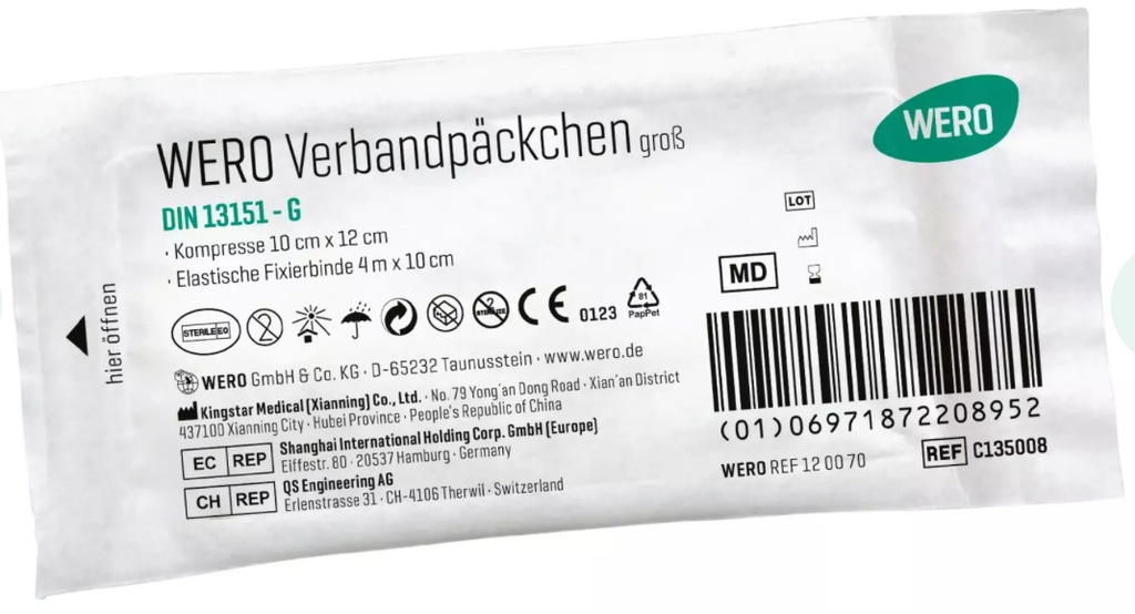 [120070WE] WERO Verbandpäckchen DIN 13151 G, steril Binde: 4 m x 10 cm Kompresse: 10 cm x 12 cm -Kompresse mit Spezialbeschichtung statt Aluminium (PIECE)