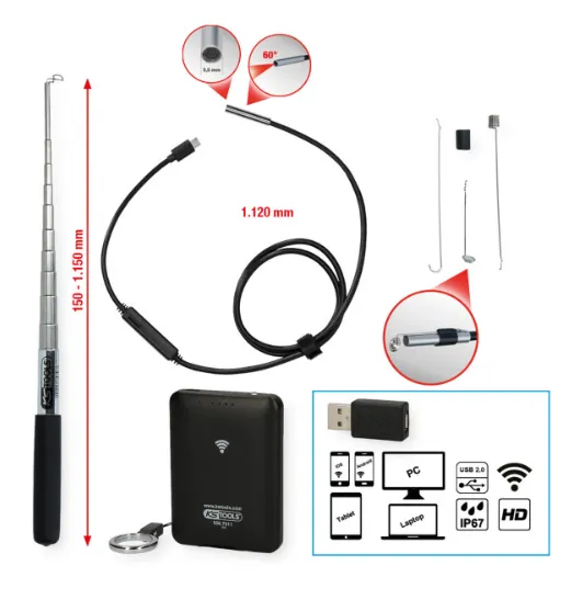 KSTools 550.7510 Jeu vidéoscope Wifi avec sonde de caméra frontale Ø 5,5 mm 0° HD, 7 pcs