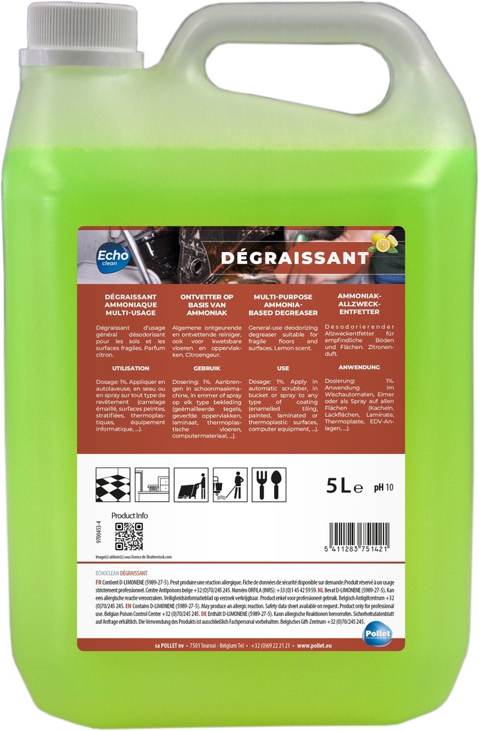 [7500217] ECHOCLEAN DEGRAISSANT (4X5L) Dégraissant multi-usage désodorisant pour les sols et les surfaces fragiles