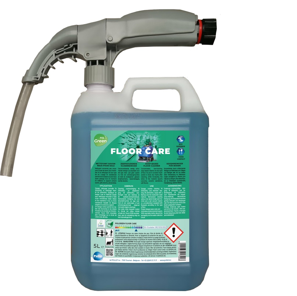 [2113074] POLGREEN FLOOR CARE - POD (2 X 5 L) Nettoyant concentré parfumé peu moussant à base de savon pour l'entretien et le nettoyage de tout type de sol.