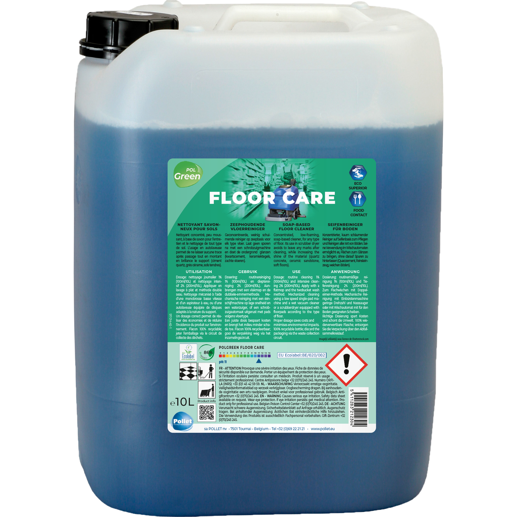 [2113023] POLGREEN FLOORCARE (10L) Nettoyant concentré parfumé peu moussant à base de savon pour l'entretien et le nettoyage de tout type de sol.