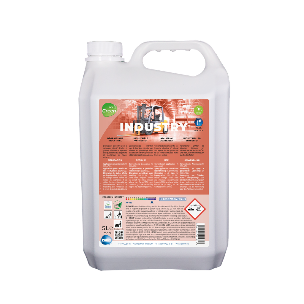 [2210317] [2210317] POLGREEN INDUSTRY ( 5L) Puissant dégraissant et déhuilant à large spectre, pour résidus de pneumatiques, de gomme, de résines, fumées et de suies