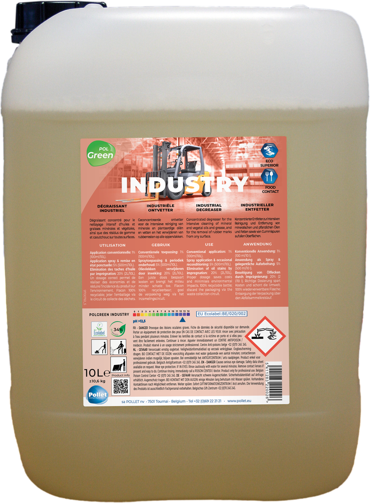 [2210323] POLGREEN INDUSTRY (10L) Puissant dégraissant et déhuilant à large spectre, pour résidus de pneumatiques, de gomme, de résines, fumées et de suies
