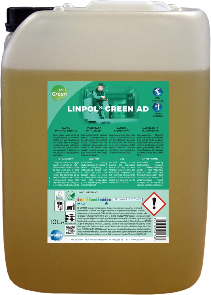 [202823] LINPOL GREEN AD (10L) Savon Ecologique Industriel pour le nettoyage et la protection des grandes surfaces alimentaires ou non - Utilisation en centrale de dosage