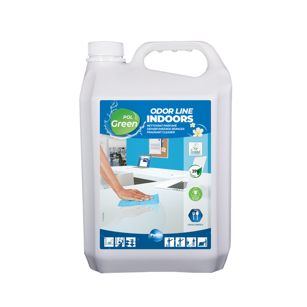 [2112458] POLGREEN ODOR LINE INDOORS (2 x 5L) Nettoyant écolabellisé à base d'alcool, fortement parfumé, pour l'entretien journalier de tout type de surfaces et de sols