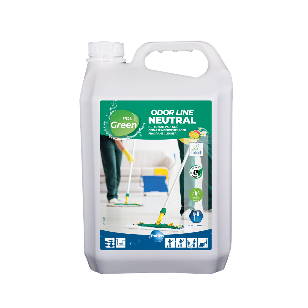 [2112558] POLGREEN ODOR LINE NEUTRAL (2 x 5L) Nettoyant écolabellisé neutre, fortement parfumé, pour le nettoyage et l'entretien manuel des sols brillants et des surfaces modernes