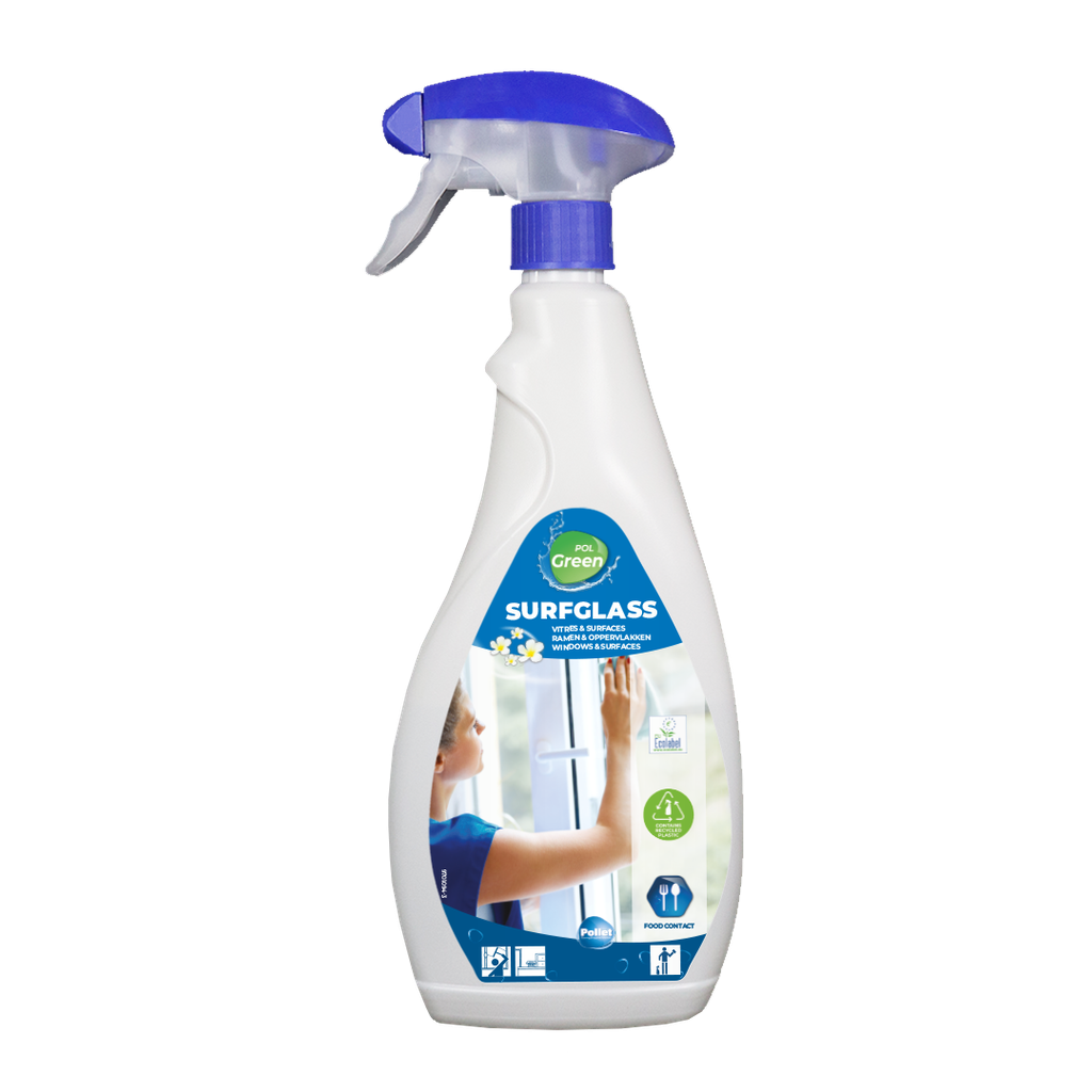 [8301041] [8301041] POLGREEN SURFGLASS ( 750ML) Nettoyant écologique agréablement parfumé pour le nettoyage des surfaces vitrées et autres surfaces lavables.
