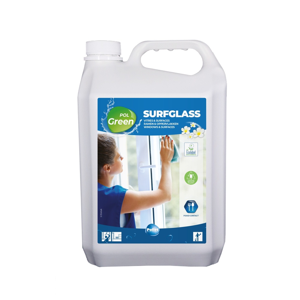 [8301058] POLGREEN SURFGLASS (2 x 5L) Nettoyant écologique agréablement parfumé pour le nettoyage des surfaces vitrées et autres surfaces lavables.