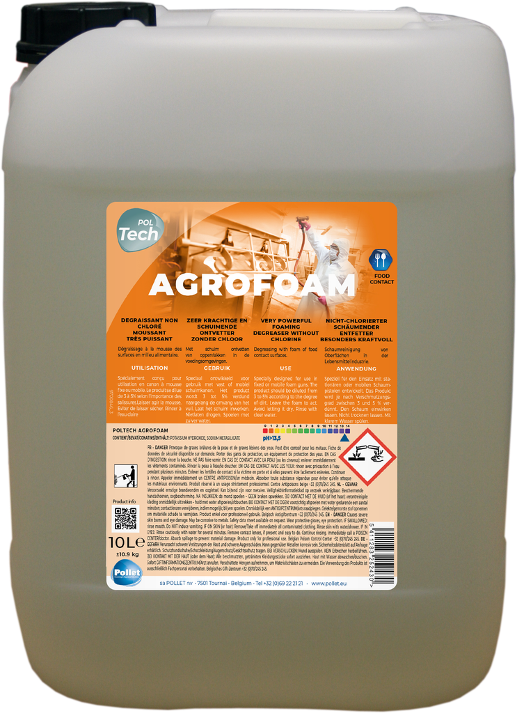 [2501323] POLTECH AGROFOAM (10L) Puissant dégraissant alimentaire moussant - Utilisable en canon à mousse