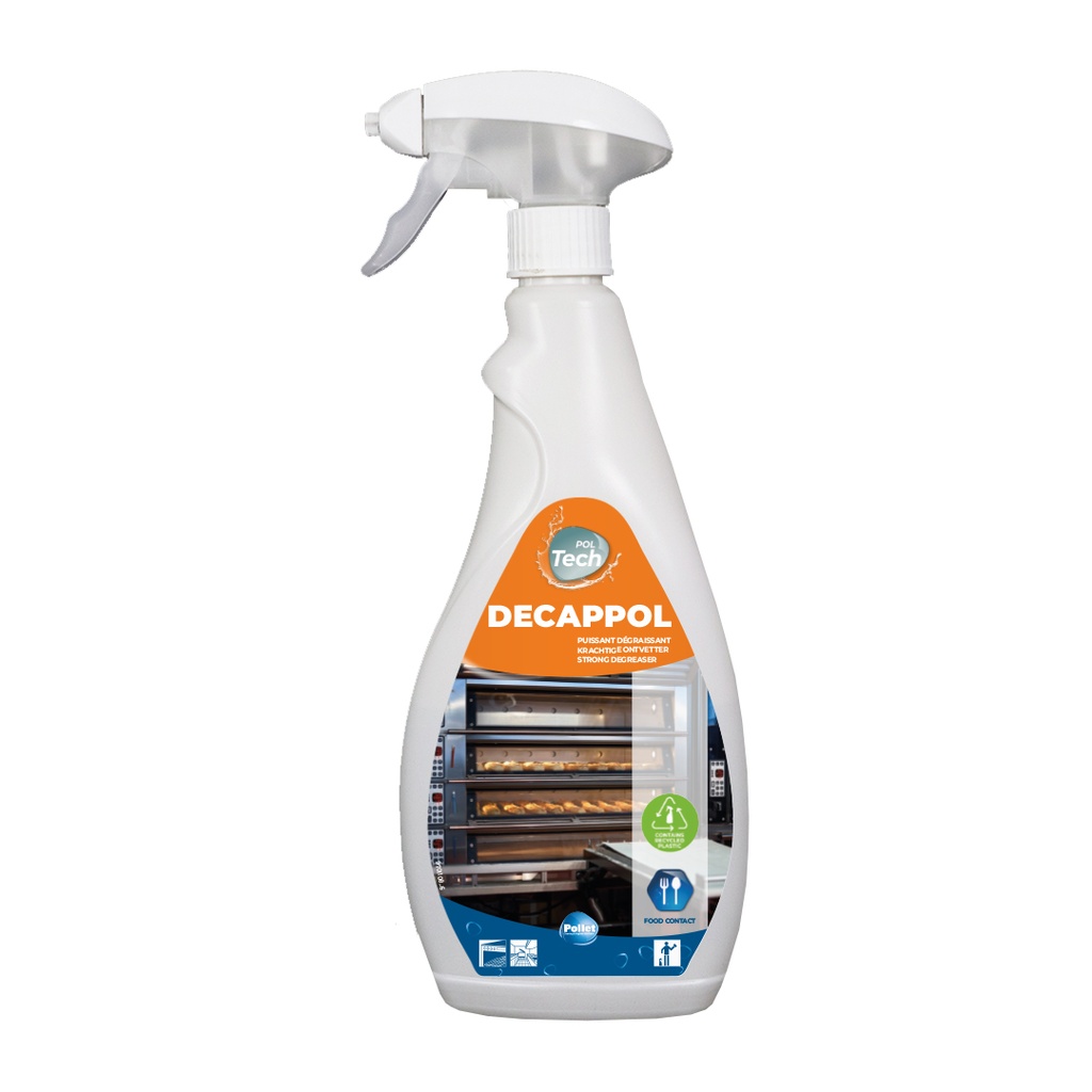 [2200641] POLTECH DECAPPOL (6 x 750ML) Puissant décapant prêt à l'emploi pour surfaces en mileu alimentaire (hottes, filtres de hotte, friteuses, grills, fours,…) et non alimentaire (filtres d'extraction et d'aération, surfaces de stockage, petit matériel,…)