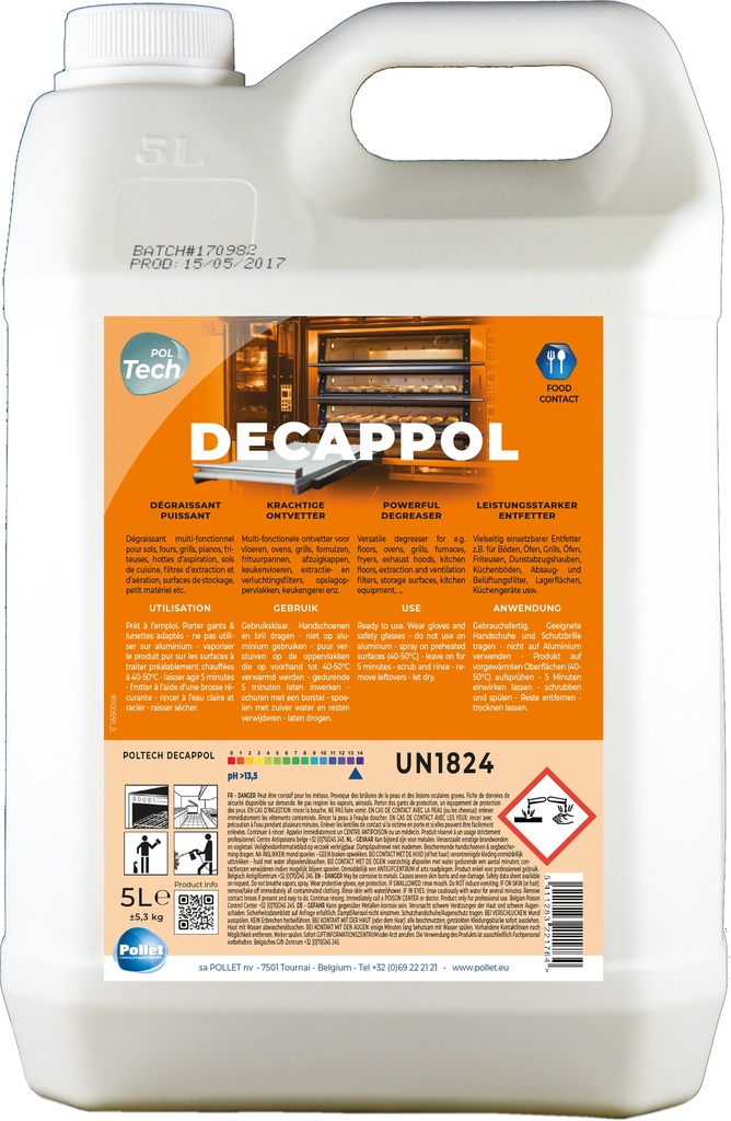 [2200658] POLTECH DECAPPOL (2 x 5L) Puissant décapant pour surfaces en mileu alimentaire (hottes, filtres de hotte, friteuses, grills, fours,…) et non alimentaire (filtres d'extraction et d'aération, surfaces de stockage, petit matériel,…)