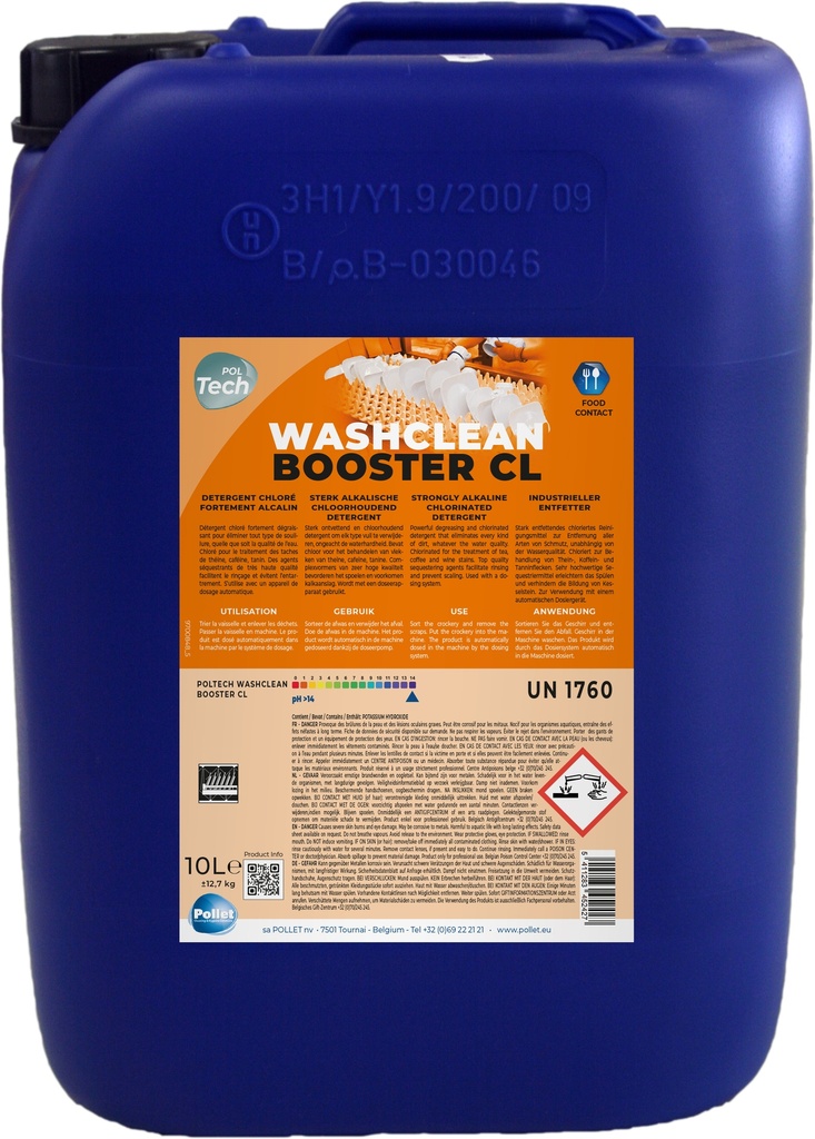 [4516223] POLTECH WASHCLEAN BOOSTER CL (10L) Détergent de lavage lave vaisselle chloré concentré