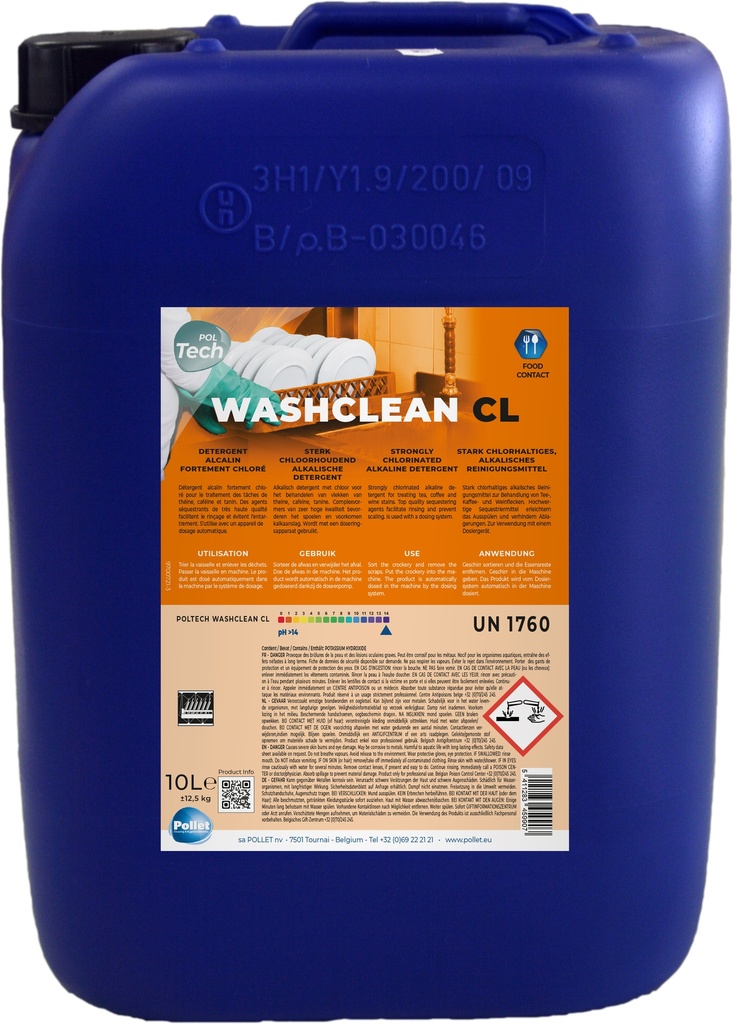 [4516023] POLTECH WASHCLEAN CL (10L) Détergent de lavage lave vaisselle chloré 