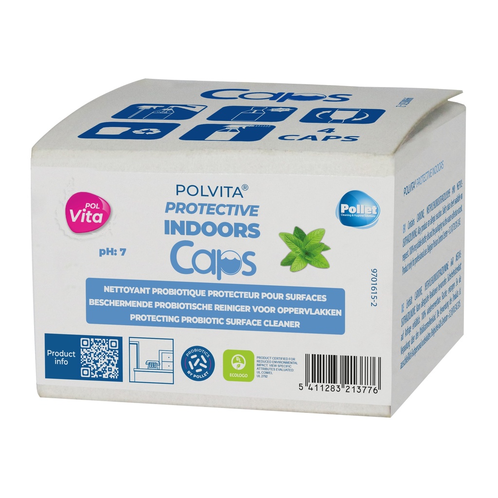 [2100273] POLVITA PROTECTIVE INDOORS CAPS 32 X 4 CAPS Nettoyant écolabellisé neutre, pour le nettoyage et l'entretien manuel des sols brillants et des surfaces modernes