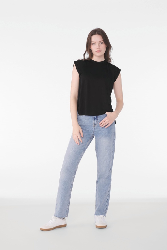 [BE8804-Black-S] BE8804 - T-shirt Flowy à manches roulottées - Black (S)