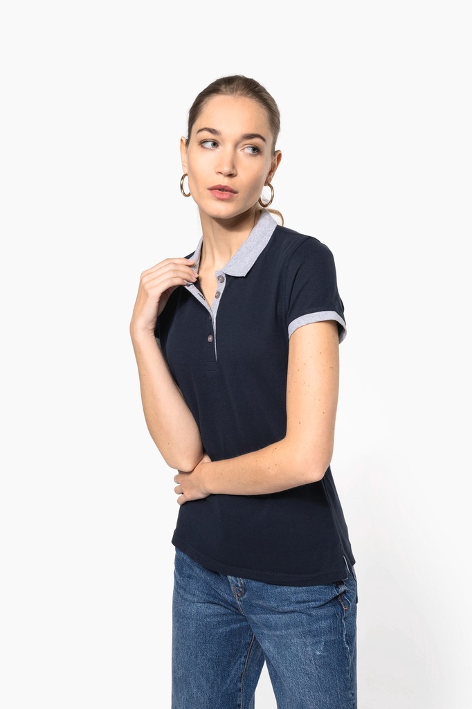 [K259-White_OxfordGrey-XS] K259 - Polo piqué bicolore femme - White_OxfordGrey (XS)