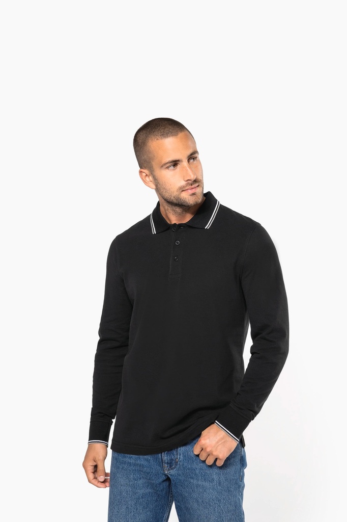 [K280-Black_Red_White-S] K280 - Polo maille piquée manches longues homme - Black_Red_White (S)