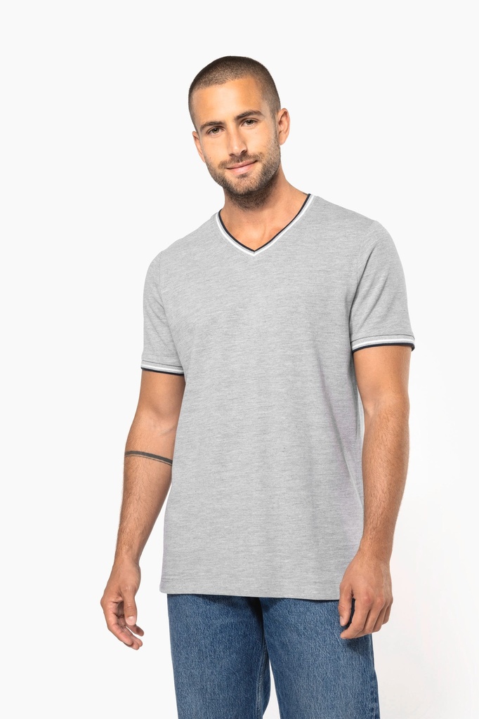 [K374-Navy_LightGrey_White-S] K374 - T-shirt maille piquée col V homme - Navy_LightGrey_White (S)